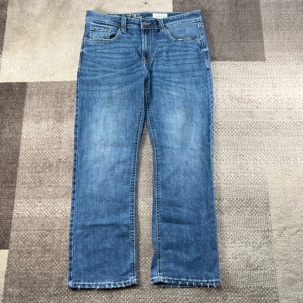 TK Axel Slim Boot‎ Blue Denim Jeans Mens 36x32 Distressed Whiskering Boho Cowboy